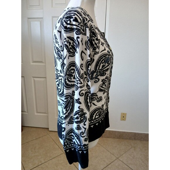 Pierri NY Size Medium  Floral Cream Black Sequin Cardigan Sweater Women Top - Picture 2 of 15